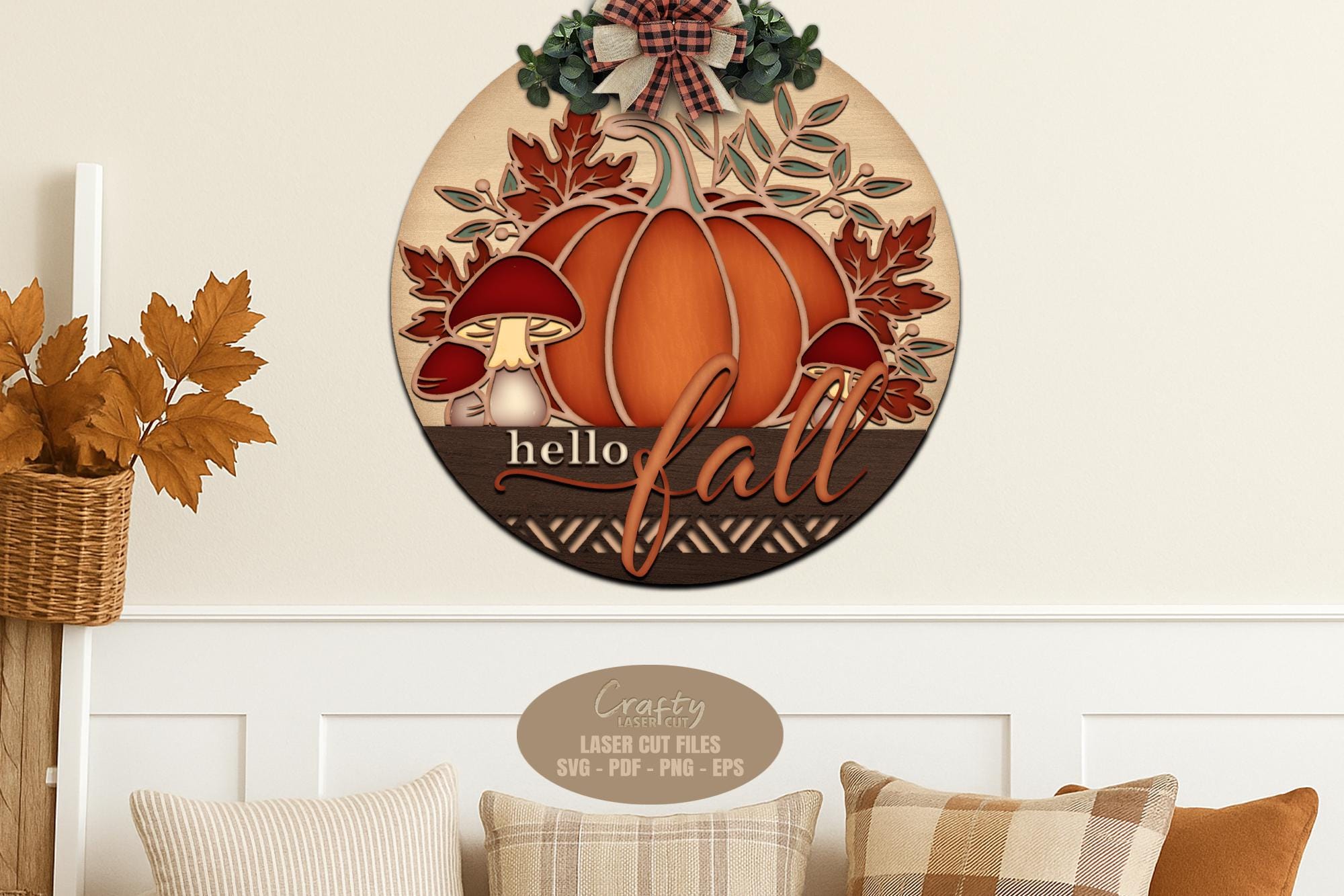 Hello Fall Pumpkin Door Hanger - Mushroom Welcome Sign